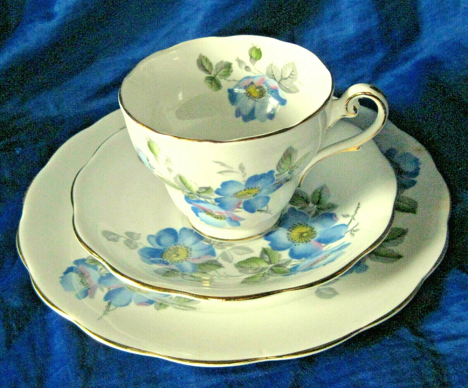 Royal Standard  3 Piece Tea Set Footed Cup, Saucer & Dessert Plate Blue Flower